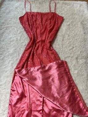 VTg DUSK TO DAWN 90s Beaded Sequin Maxi Rare Size 22 Pink  Silk Leg Slits